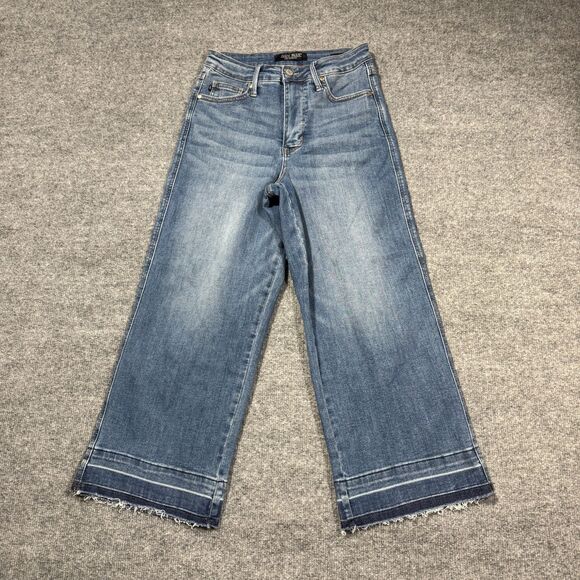 Judy Blue Denim - Judy Blue Jeans Womens 7/28 Wide Crop Blue High Rise Distressed Hem 28x23.5